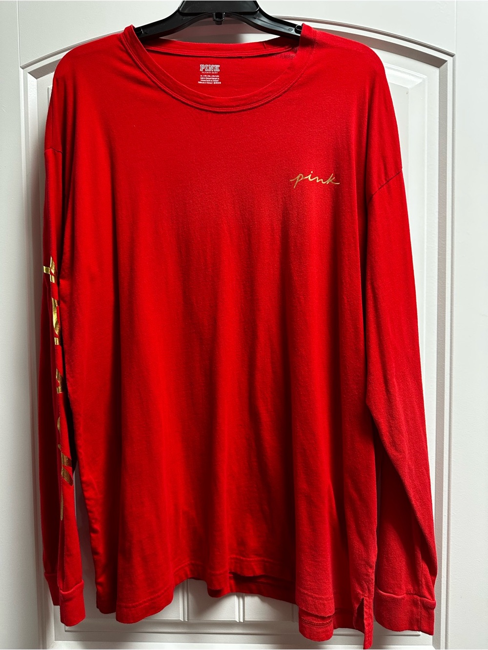 PINK Victoria's Secret Red Long Sleeve Tee with Gold Script